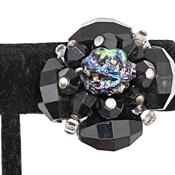 West Germany Signed Vntage Black Lava Rock Look Clip-on Cluster Earrings - Picture 11 of 13